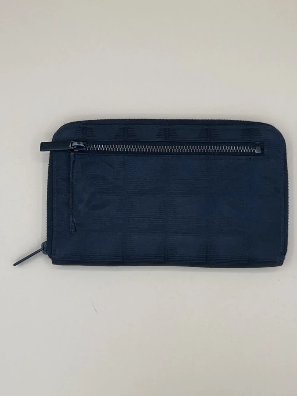 Chanel Black Checkered Canvas Zipper Wallet With CC Logo Design